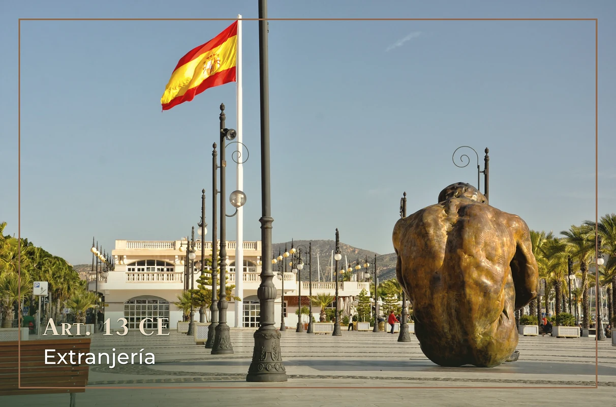 Extranjería en Cartagena: bandera de España en la explanada del puerto con el texto «Art. 13 CE. Extranjería»