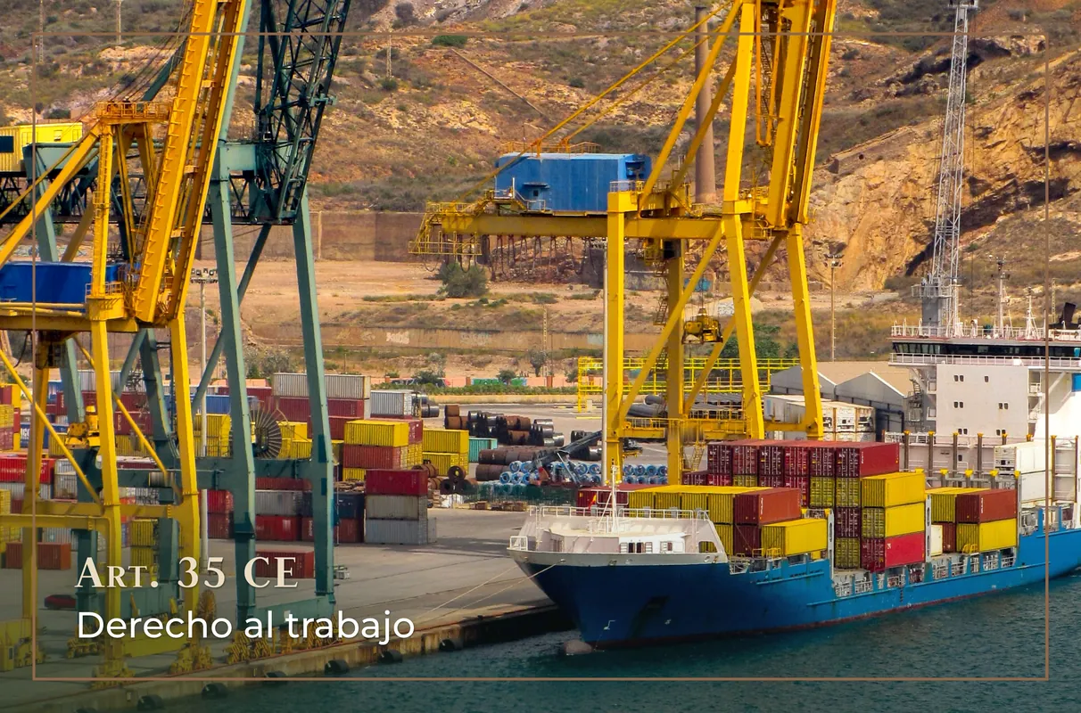 Derecho laboral en Cartagena: grúas y contenedores de la terminal del puerto con el texto «Art. 35 CE. Derecho al trabajo»
