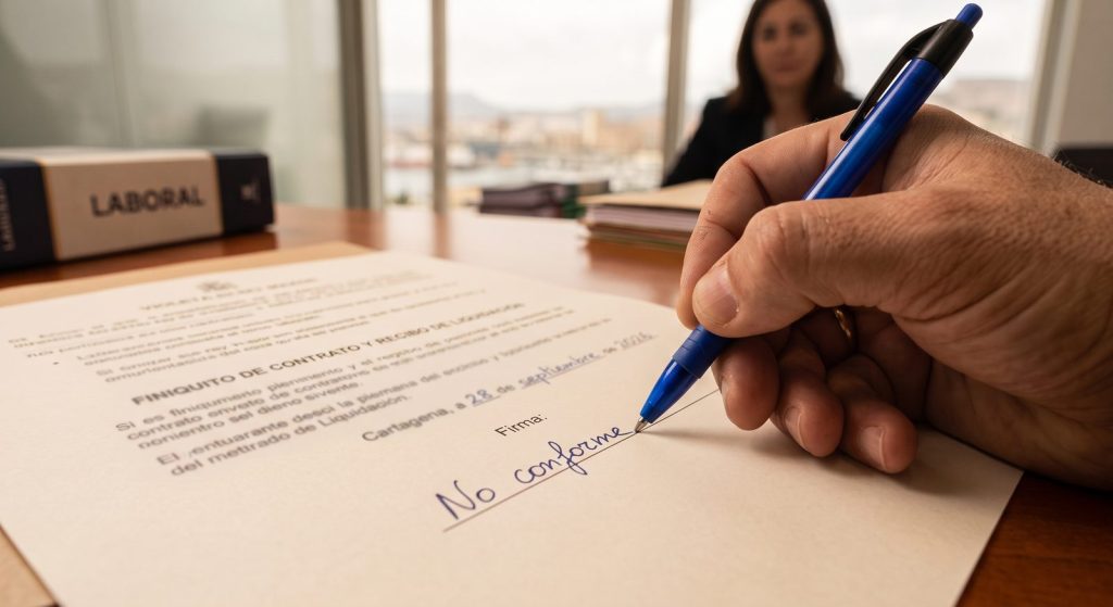 Trabajador escribe «No conforme» en la línea de firma del finiquito tras su despido, en Cartagena