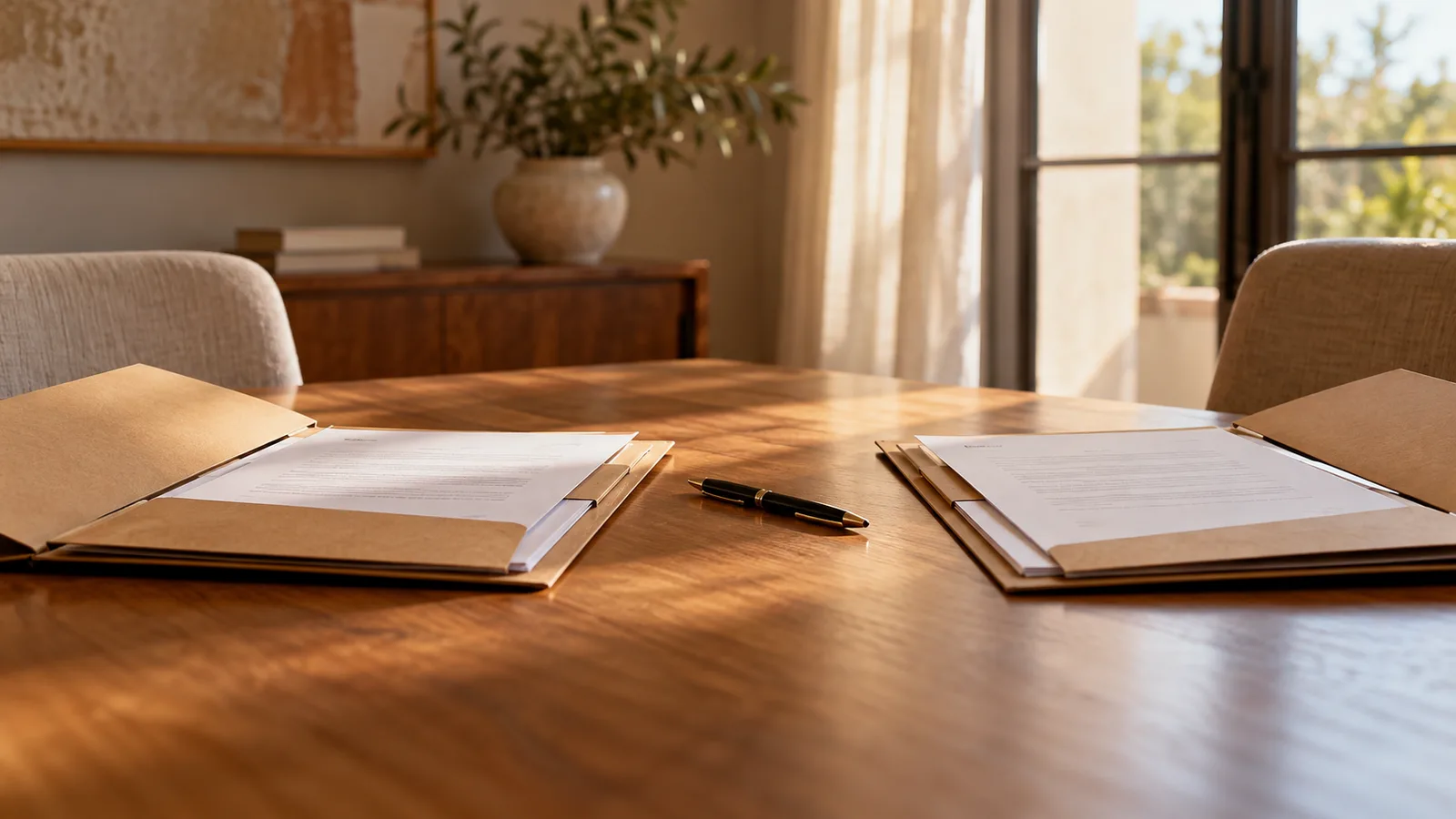 Dos carpetas con documentos y un bolígrafo sobre una mesa de madera.