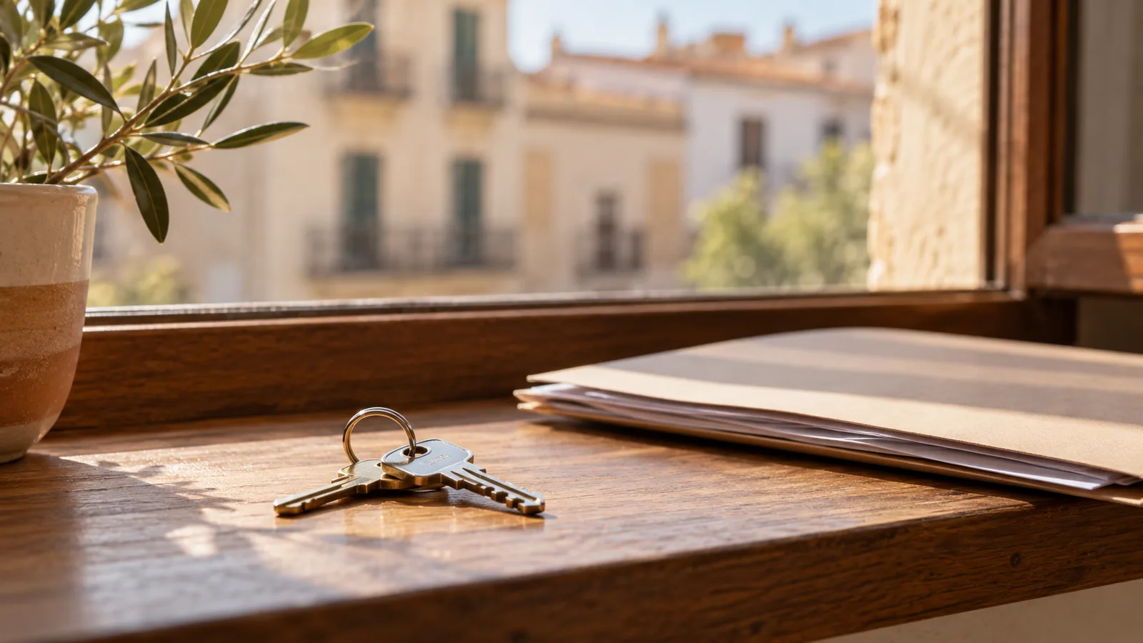 Llaves de vivienda y una carpeta sobre una superficie de madera junto a una ventana.