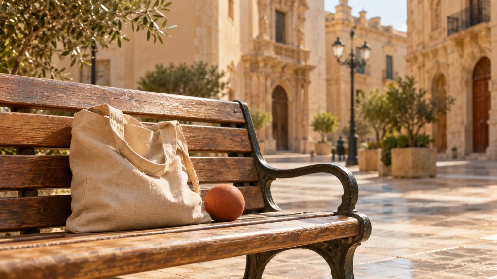 Banco de madera en una plaza soleada con una bolsa de tela y un balón pequeño