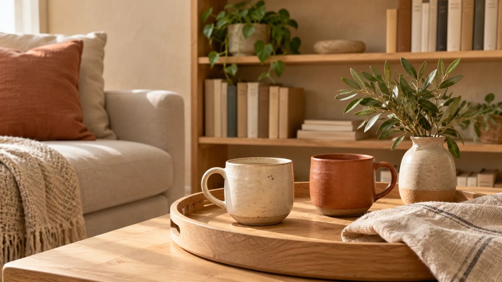 Dos tazas sobre una bandeja de madera junto a una estantería con libros y una planta