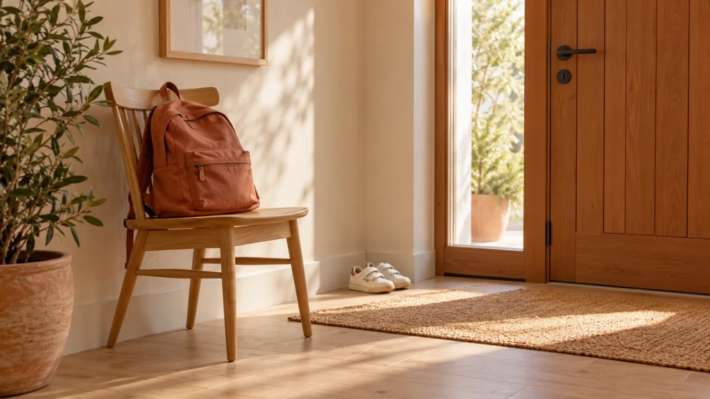 Mochila escolar sobre una silla de madera y zapatillas infantiles en un recibidor soleado