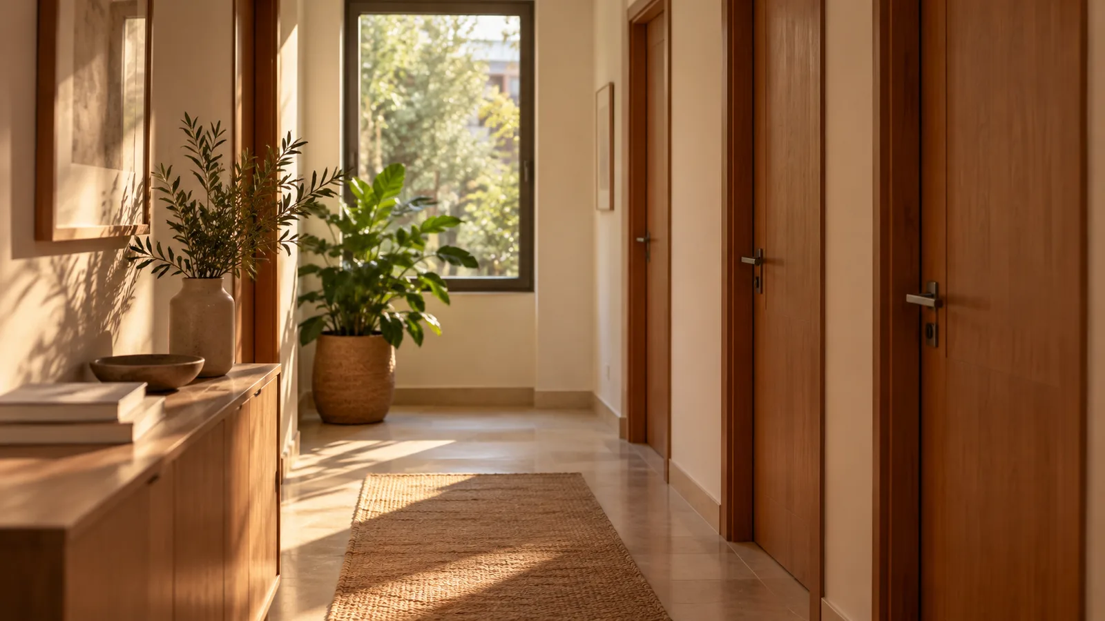 Pasillo luminoso de oficina con puertas de madera y una planta.
