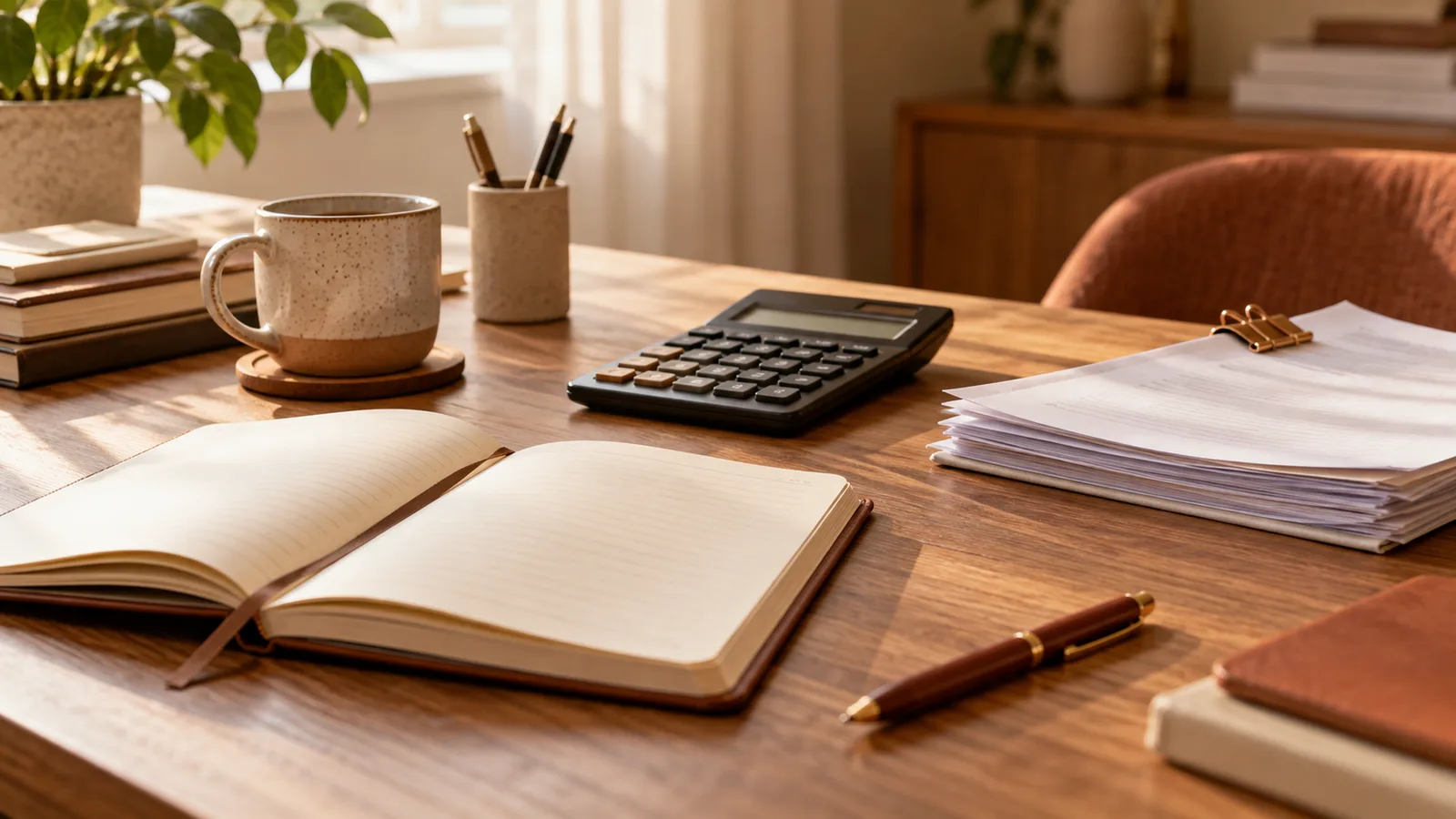 Cuaderno abierto, calculadora, taza y papeles agrupados sobre una mesa.