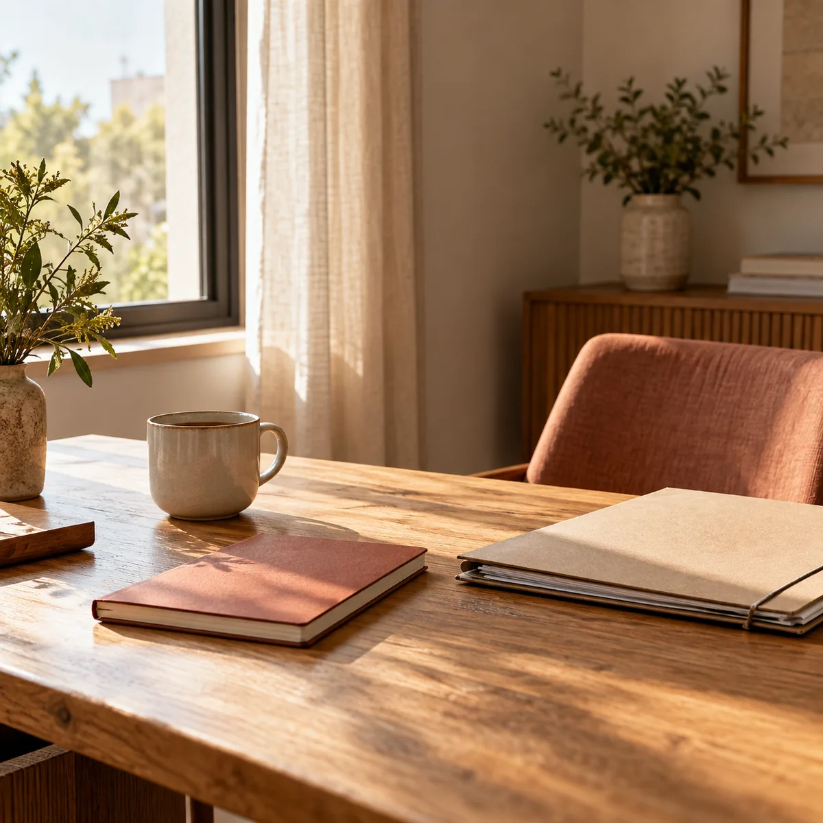 Mesa de trabajo con una silla apartada, una taza, un cuaderno y una carpeta.