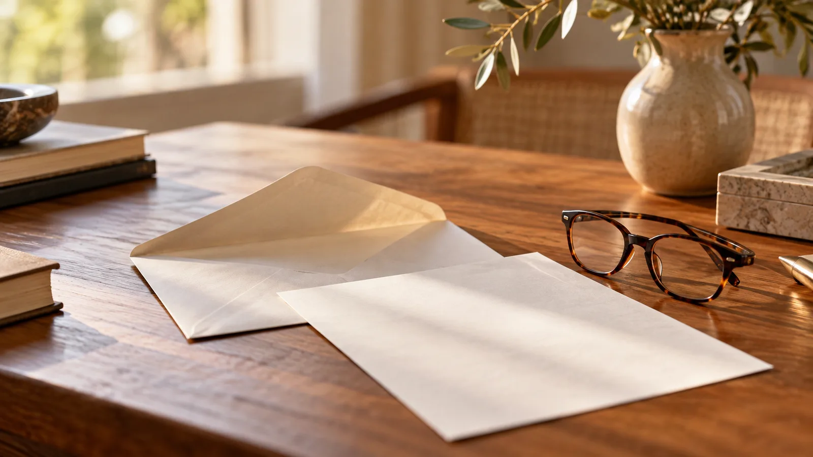 Sobre abierto, una hoja y gafas de lectura sobre una mesa de madera.