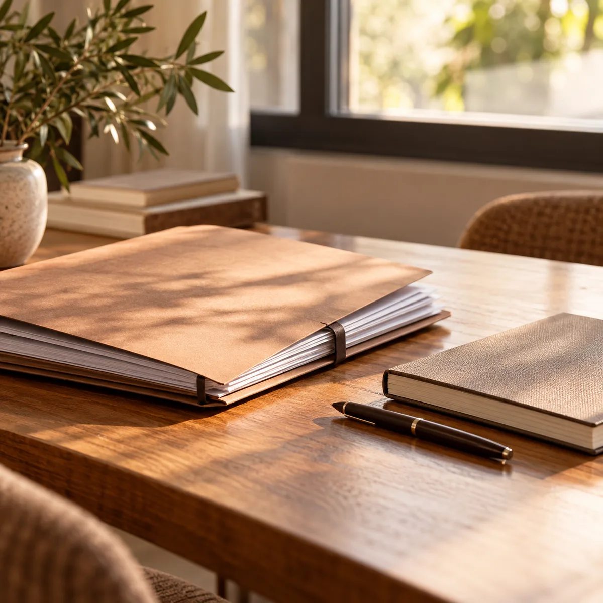 Carpeta, libreta cerrada y bolígrafo sobre una mesa de madera junto a una ventana.